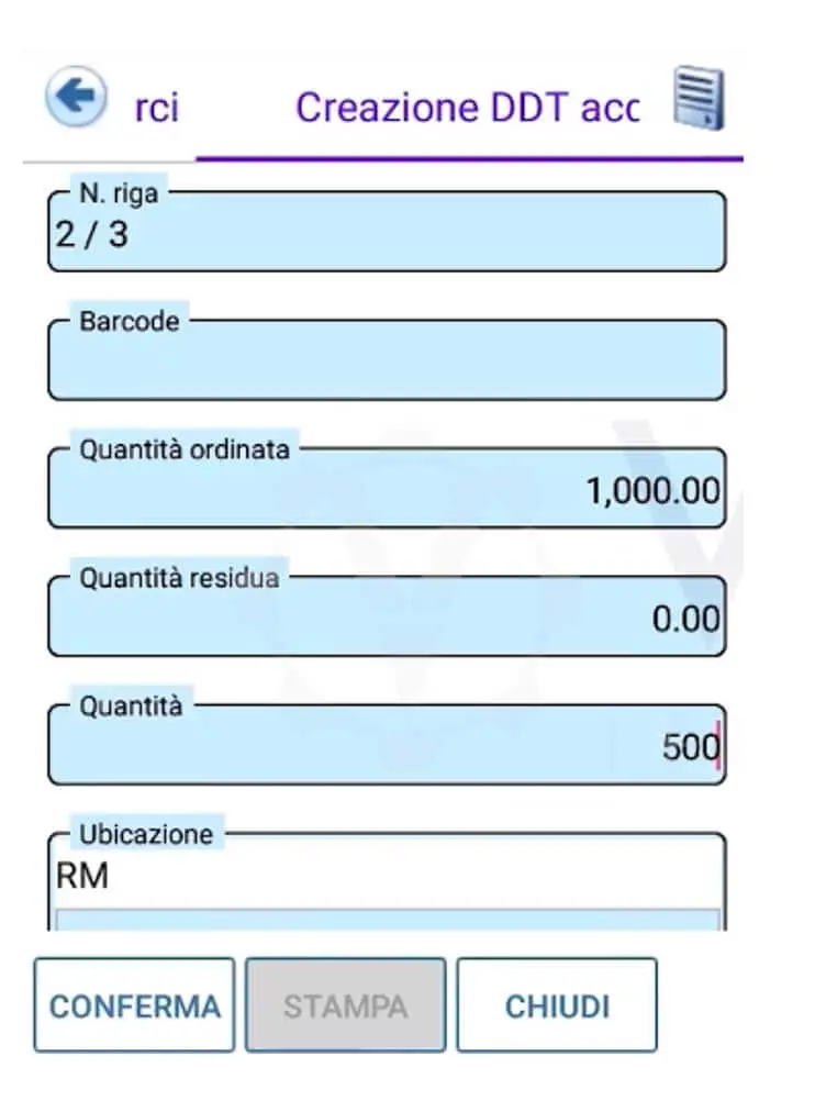 Schermata ufficiale Fluentis WMS per il ricevimento merci